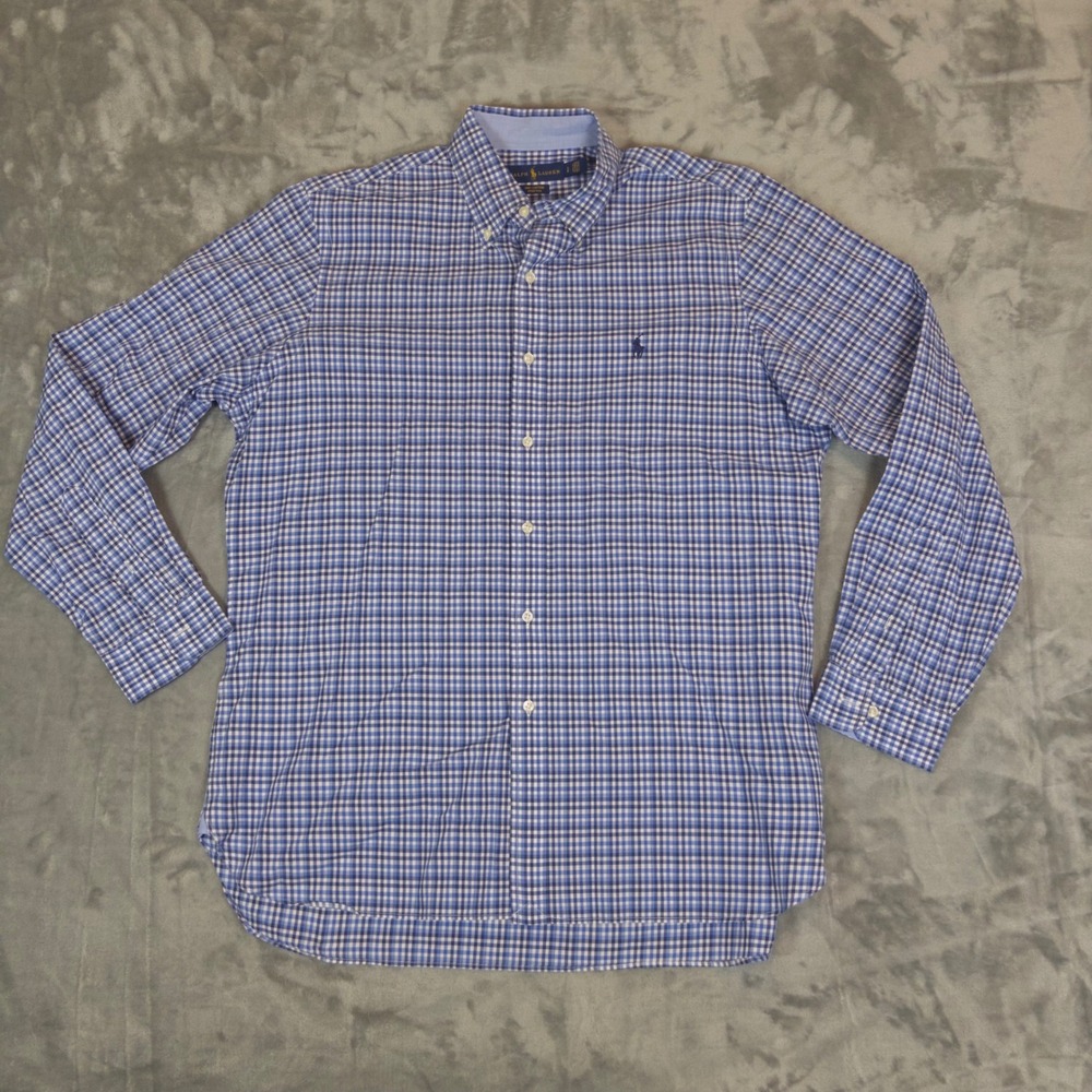 Ralph Lauren Button Down Shirt Mens Large Blue Gingham Plaid Cotton Stretch Pony